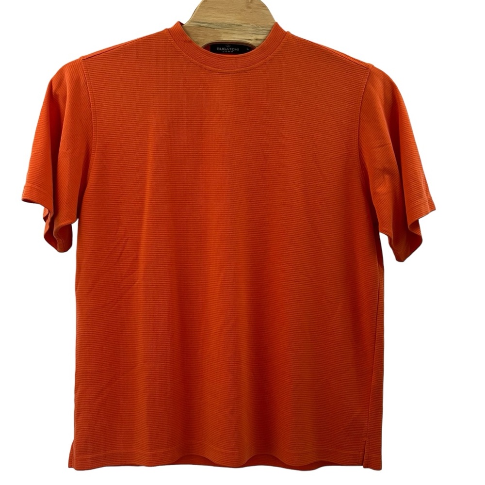 Bugatchi Uomo Orange Crew Neck Textured Short Sleeve Shirt Men Size Large
